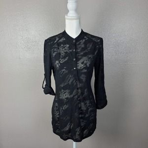 Saks 5th Ave Black Burn Out Henley Roll Tab Tunic